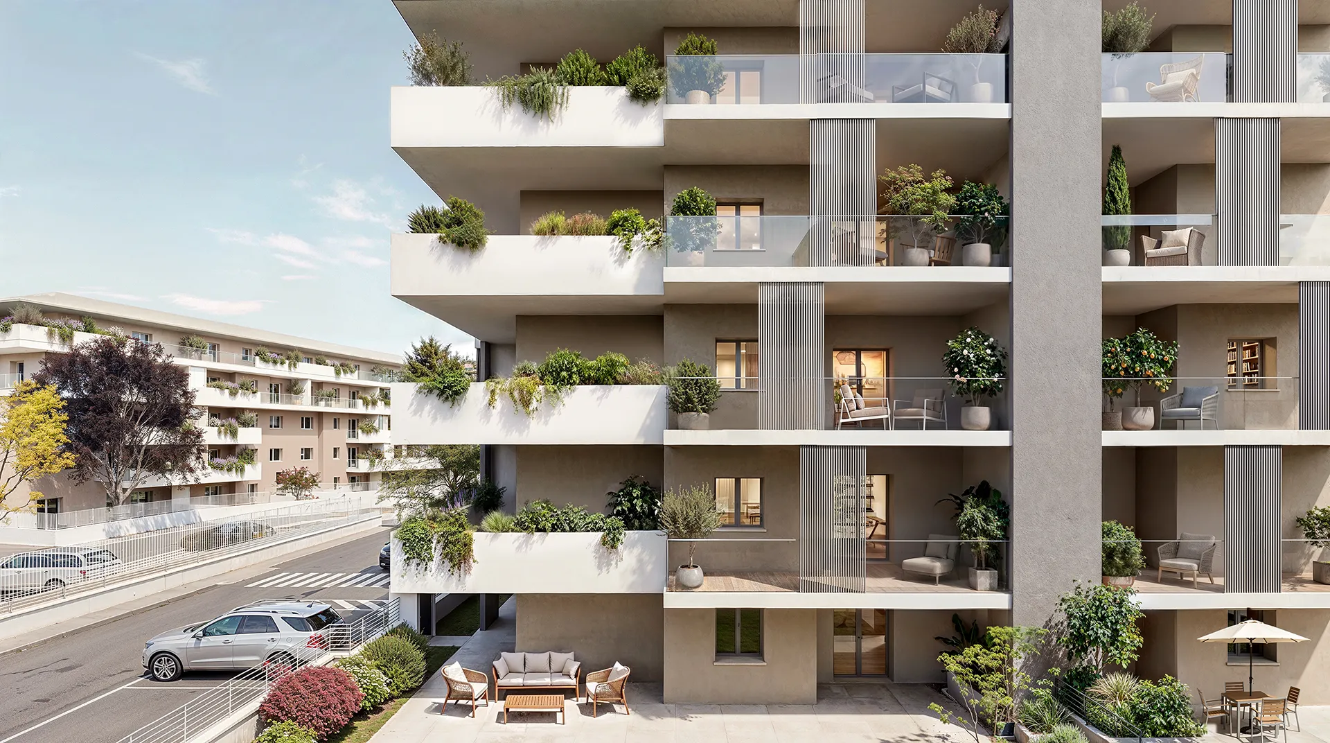 Residenze Terrazze Torresina con terrazze private, giardini e architettura moderna nel quadrante nord di Roma.