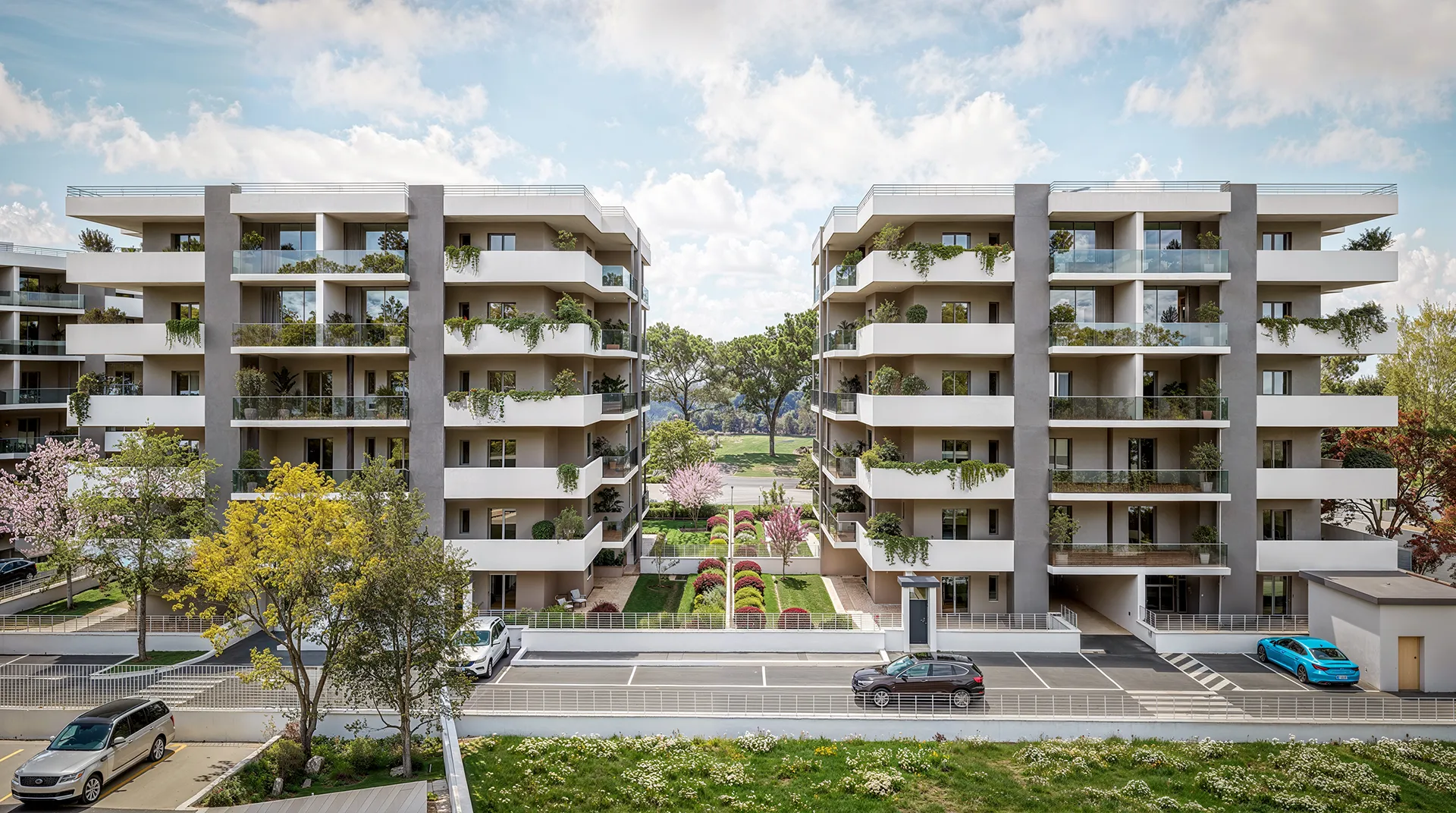 Vista esterna di Terrazze Torresina, nuovo complesso residenziale con ampie terrazze e spazi verdi a Roma.